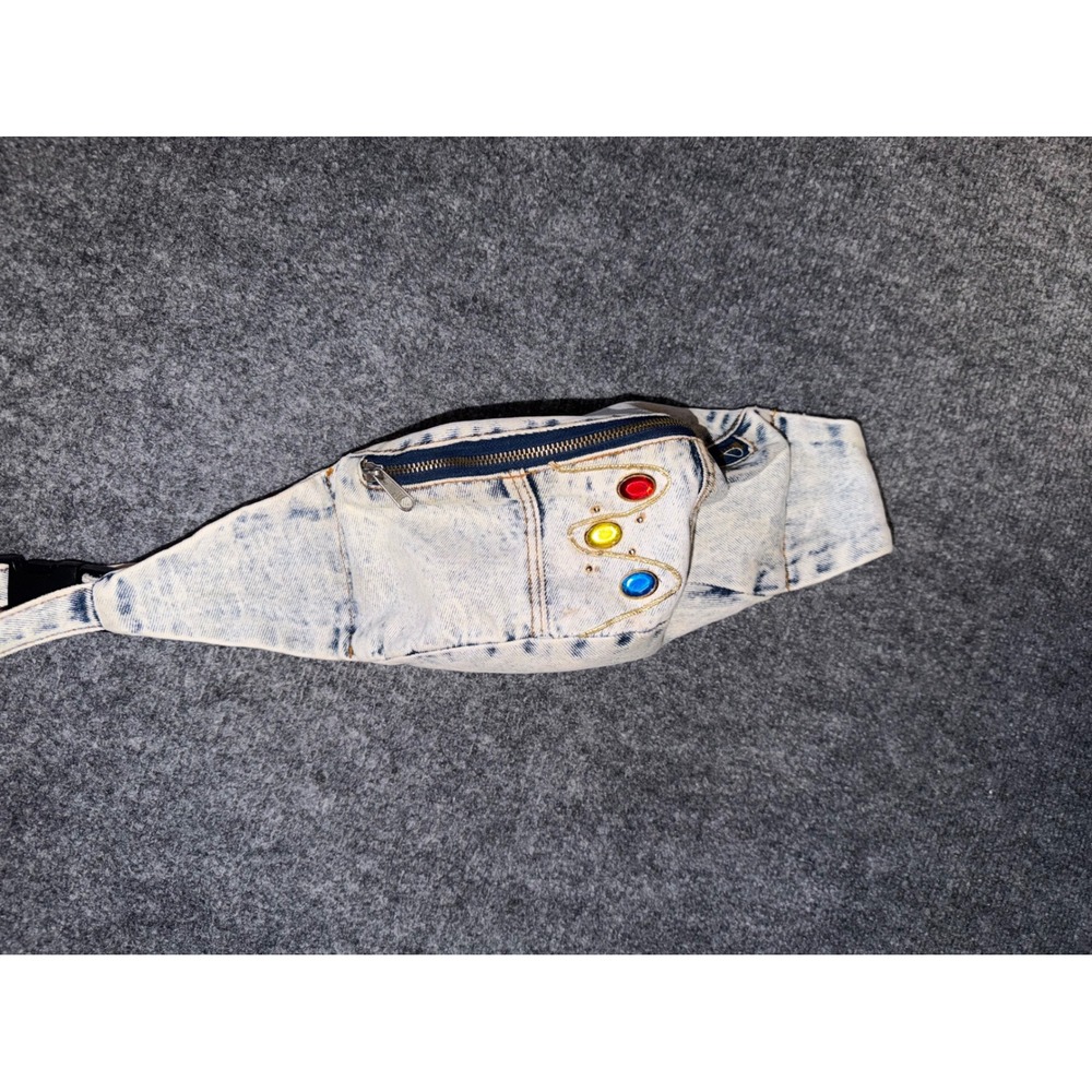 Vintage Apri Acid Wash Denim Fanny Pack Gemstone Embellished Waist Bag 80s 90s